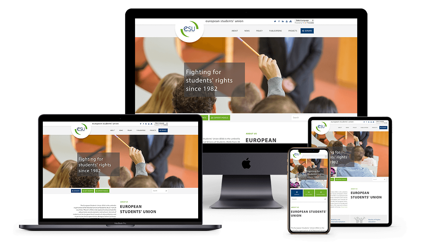 Responsive ESU website shown on laptop, tablet, and phone, highlighting the new WordPress + ACF CMS