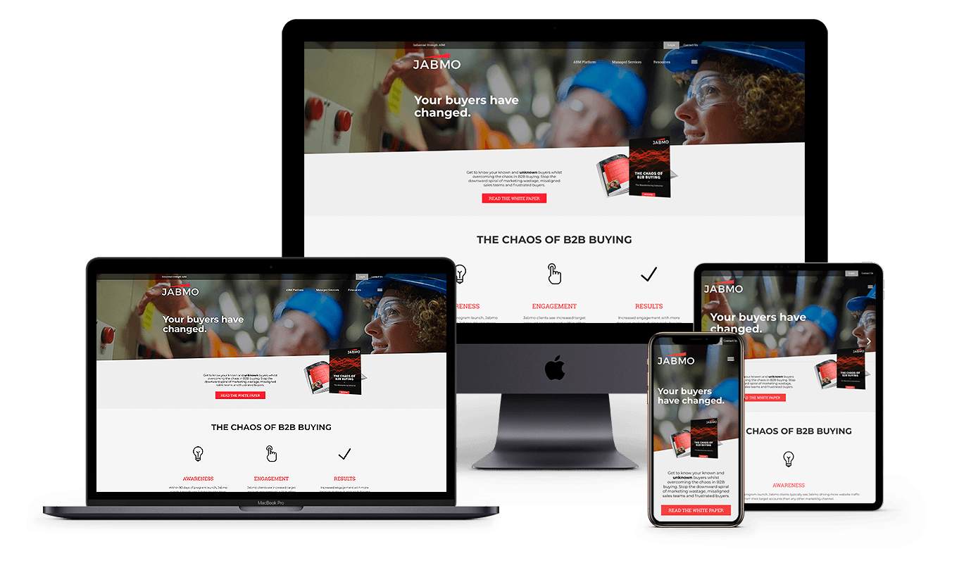 Responsive Jabmo website shown on laptop, tablet, and phone, highlighting the new WordPress + ACF CMS with ABM personalization