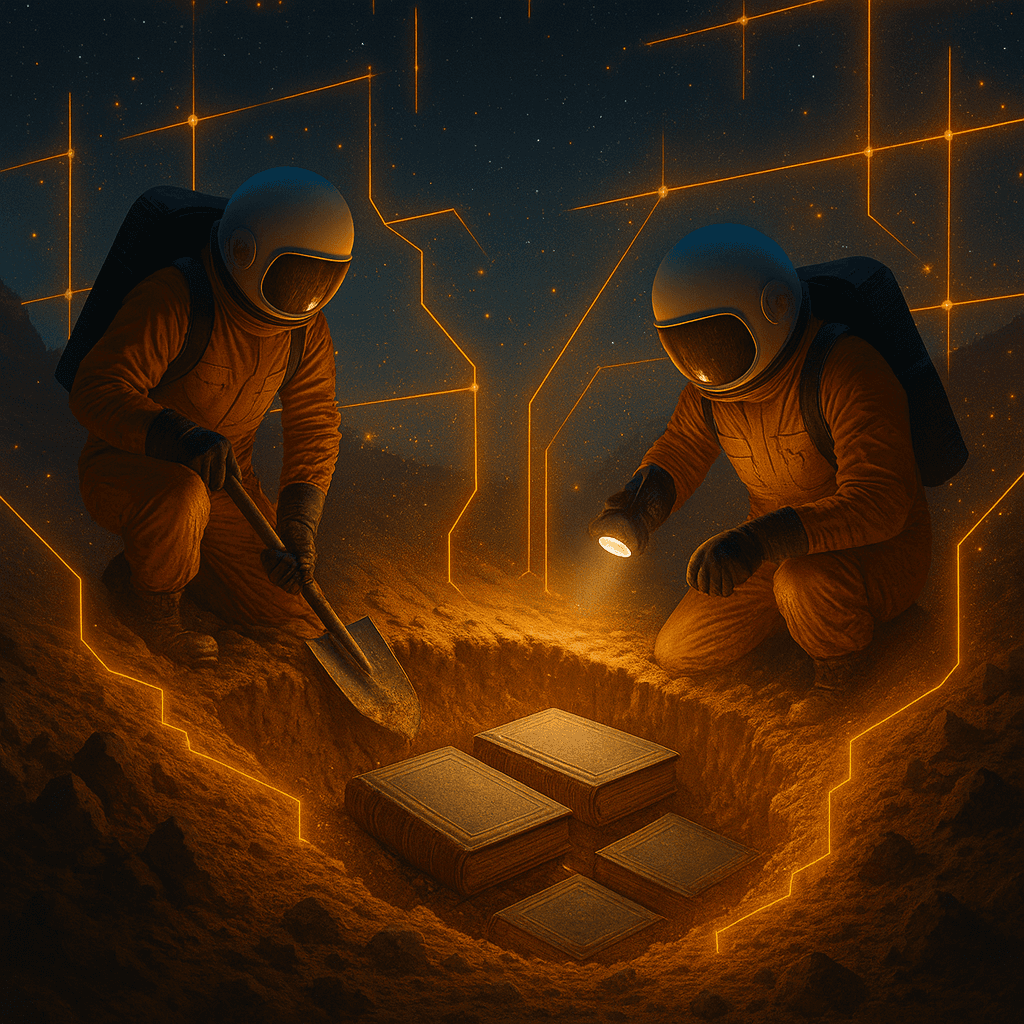 Two astronauts unburying books in a glowing network landscape, symbolizing uncovering content