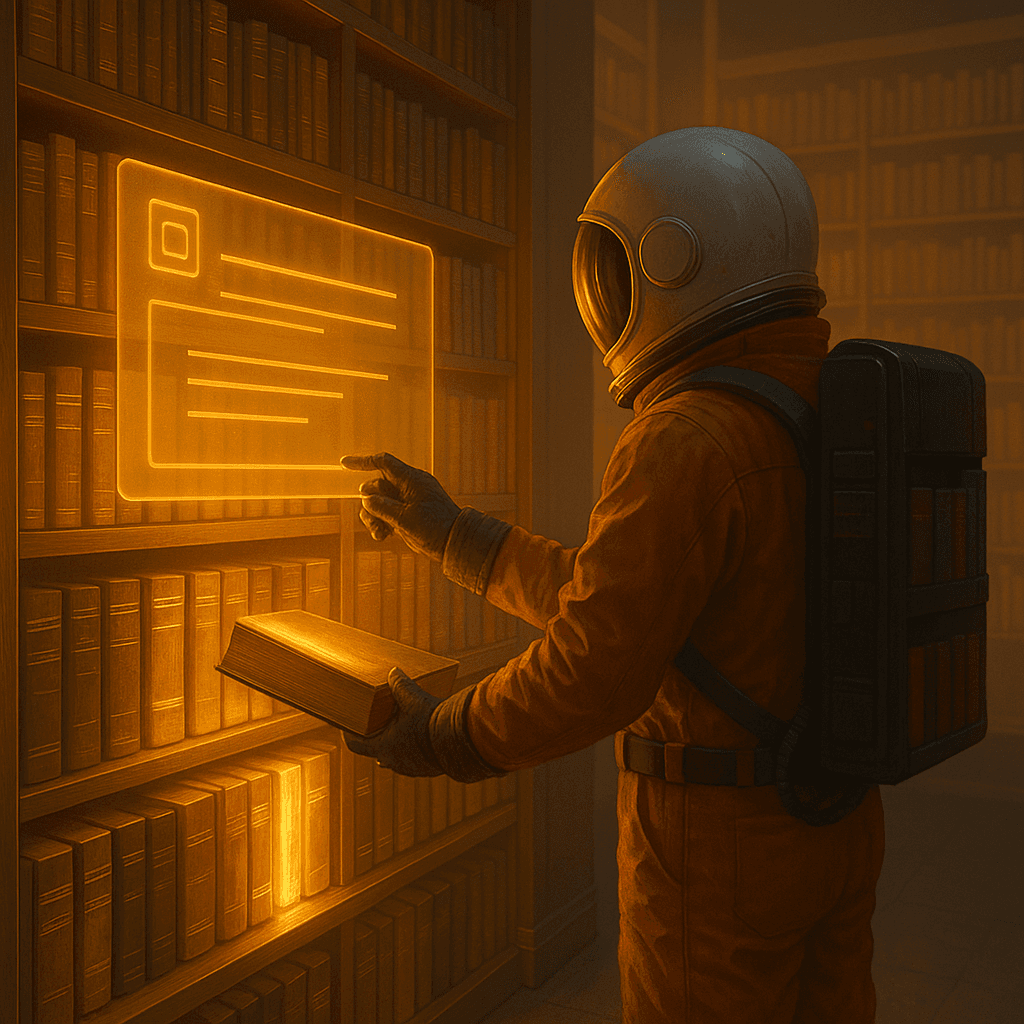 Astronaut in a futuristic library using a holographic interface, representing structured, accessible, and reliable content publishing